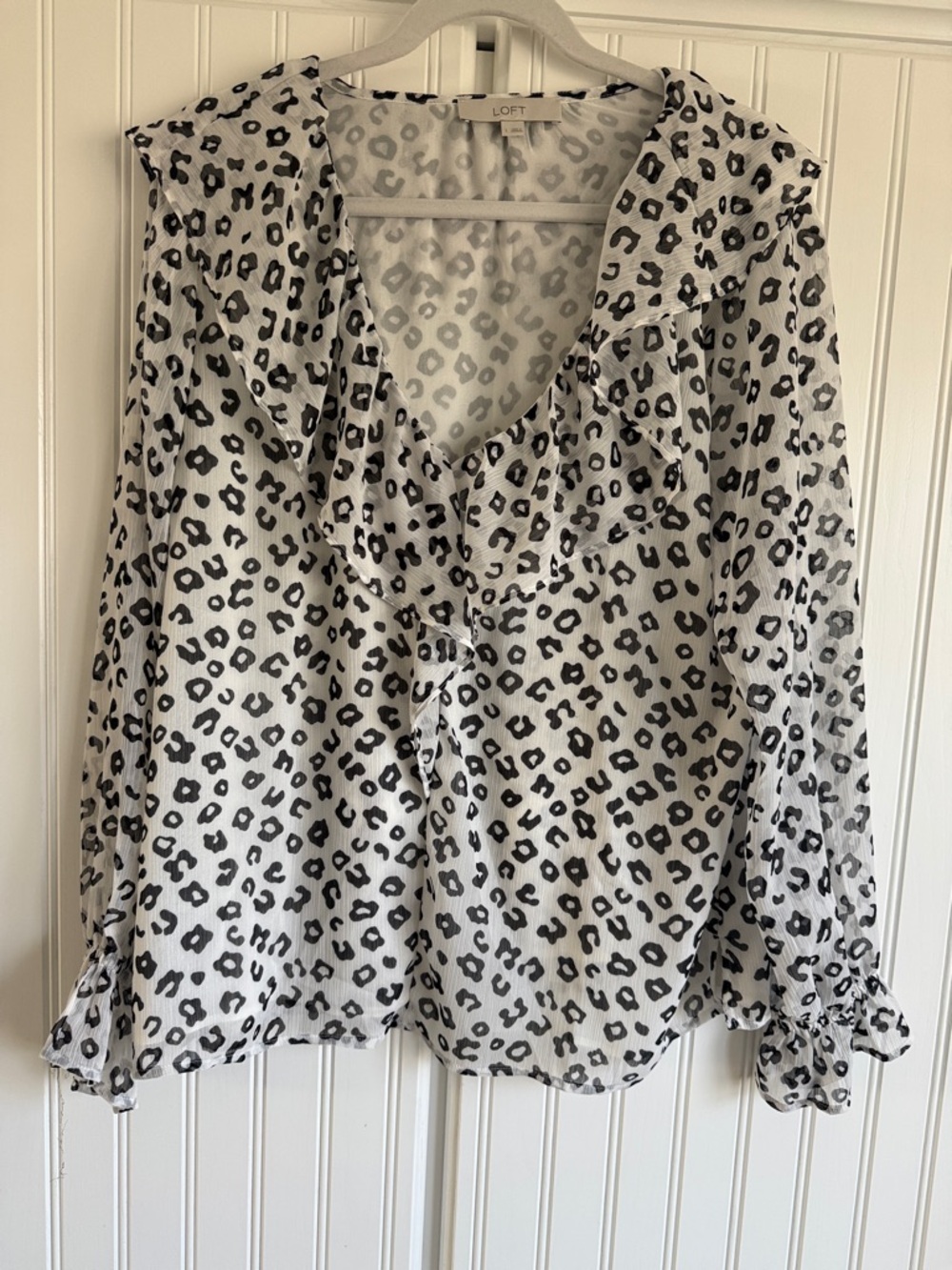 LOFT White Leopard Print Ruffle V-Neck Blouse